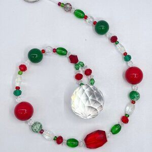 Beaded Christmas Suncatcher Red Green Clear Crystal Prism Hanging Patio Decor